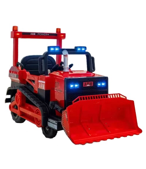 Bulldozer Escavatore Elettrico - Colore Rosso - Vista Frontale Destra con Luci Accese