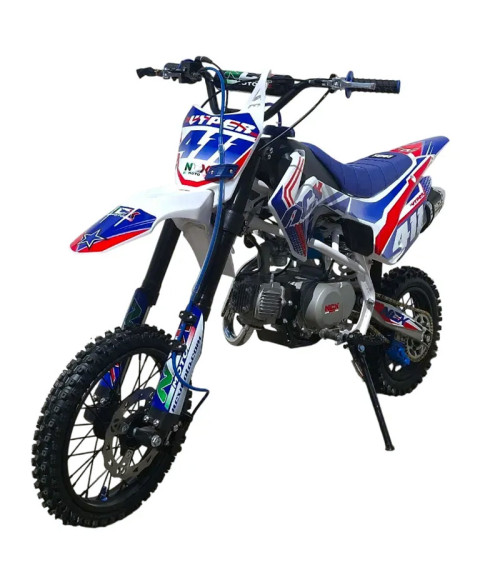 Pit Bike NCX New Vyper 125 14/12 4 Marce Telaio 17" - Colore Bianco/Blu - Vista Frontale Sinistra