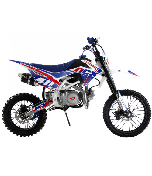 Pit Bike NCX New Vyper 125 17/14 4 Marce Doppio Scarico - Colore Bianco/Blu - Vista Frontale Sinistra