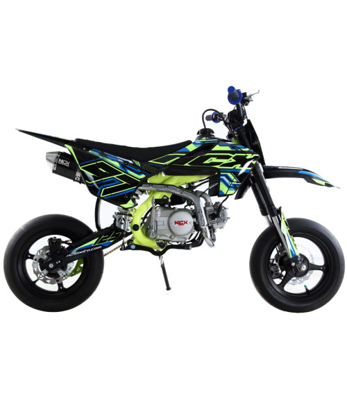 Pit Bike NCX SXR 125 Fluo 12/12 Supermotard Doppio Scarico Telaio 17" - Colore Nero-Blu/Giallo - Vista Frontale Sinistra