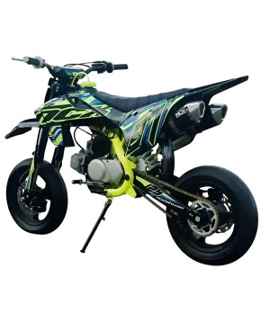 Pit Bike NCX SXR 125 Fluo 12/12 Supermotard Doppio Scarico Telaio 17" - Colore Nero-Blu/Giallo - Vista Posteriore Sinistra