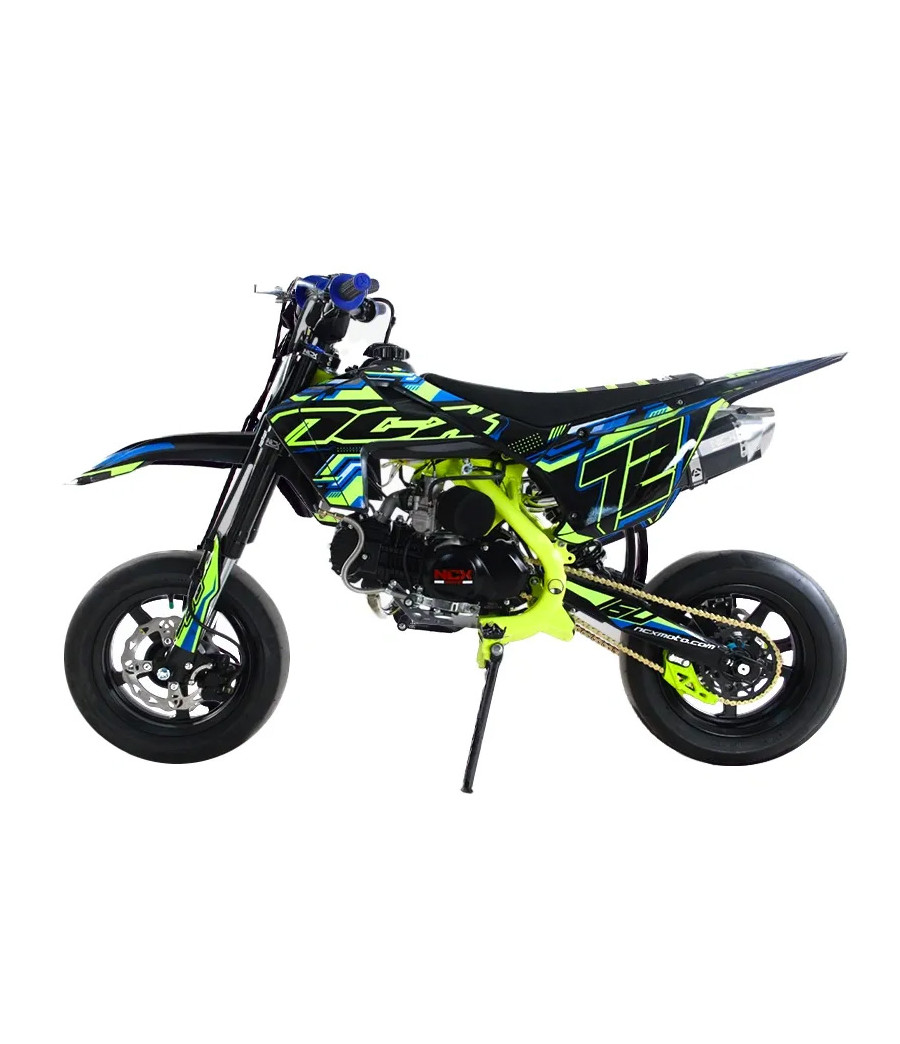 Pit Bike NCX SXR 160 Fluo 12/12 Supermotard Doppio Scarico Telaio 17" - Colore Nero-Blu/Giallo - Vista Laterale Sinistra